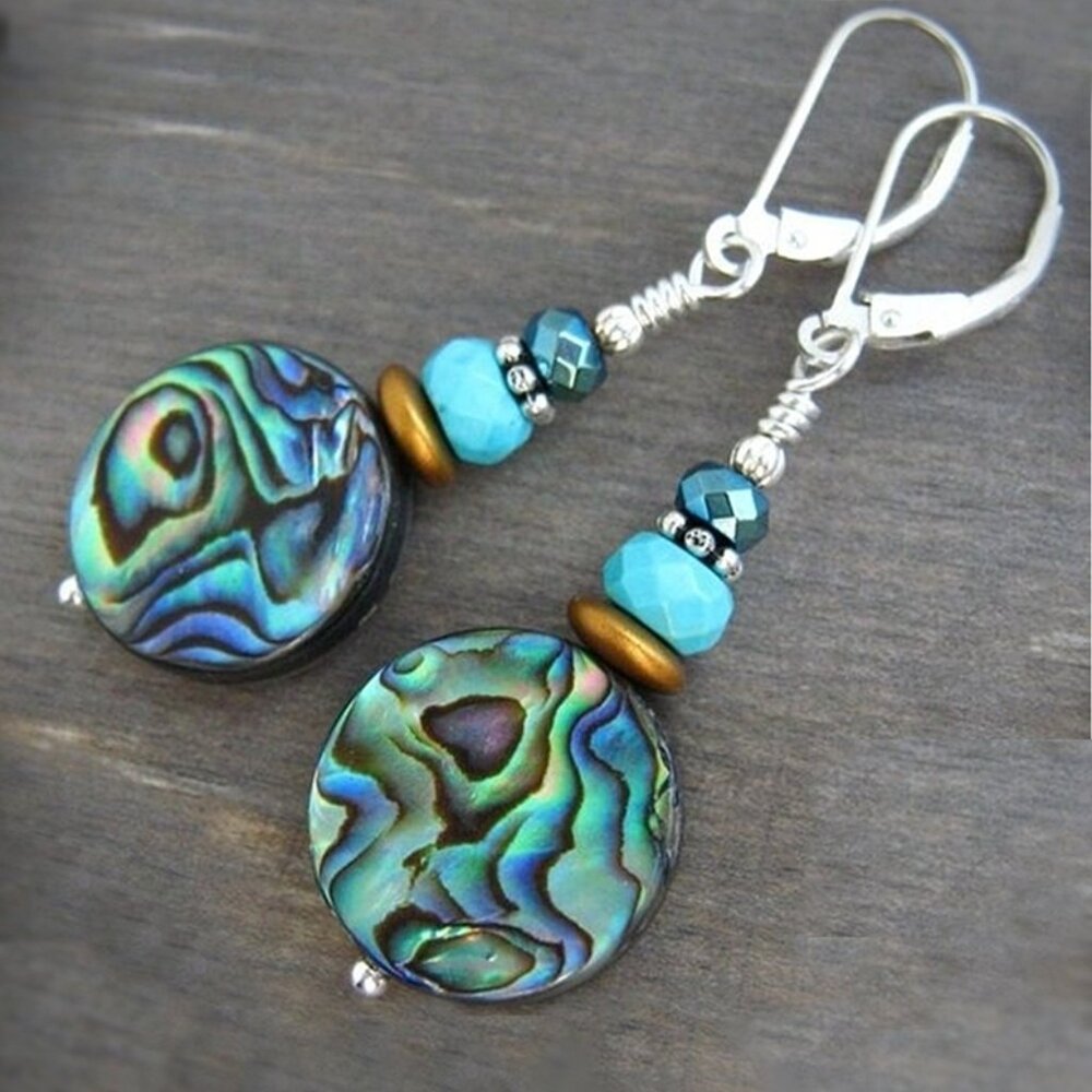 Abalone Shell Earrings Sterling Silver Leverback Dangle Boho Southwest - Picture 3 of 8
